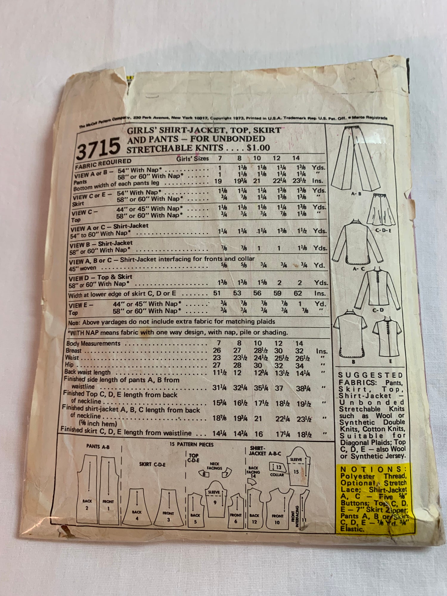 McCall's Sewing Pattern 3715 Girls' Shirt-Jacket, Top, Pants, Skirt, Button Front, Zipper Back, Size 12, Cut, Vintage 1973