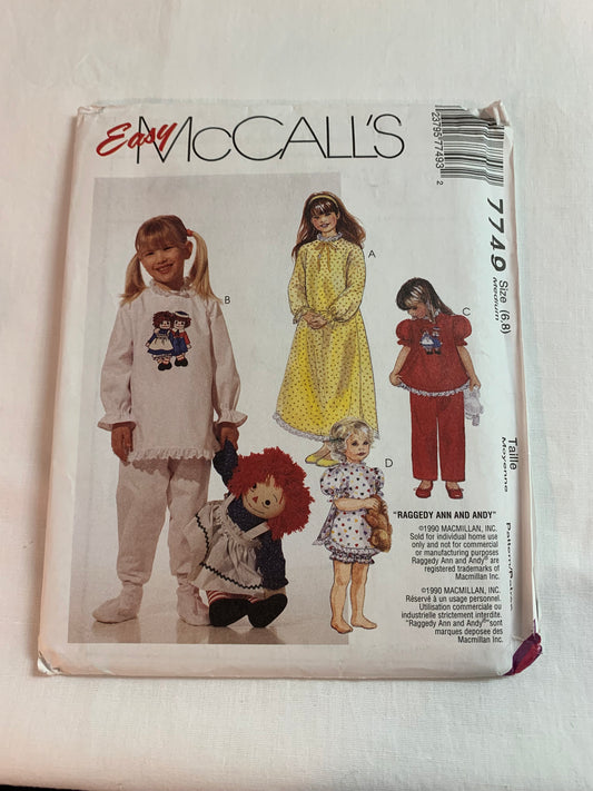 McCalls Sewing Pattern 7749 Girls' Nightgown, Elastic Waist, Pants, Tops, Long/Shorts Sleeves, Raggedy Ann & Andy Transfers, Size 6-8, Uncut, Vintage 1995