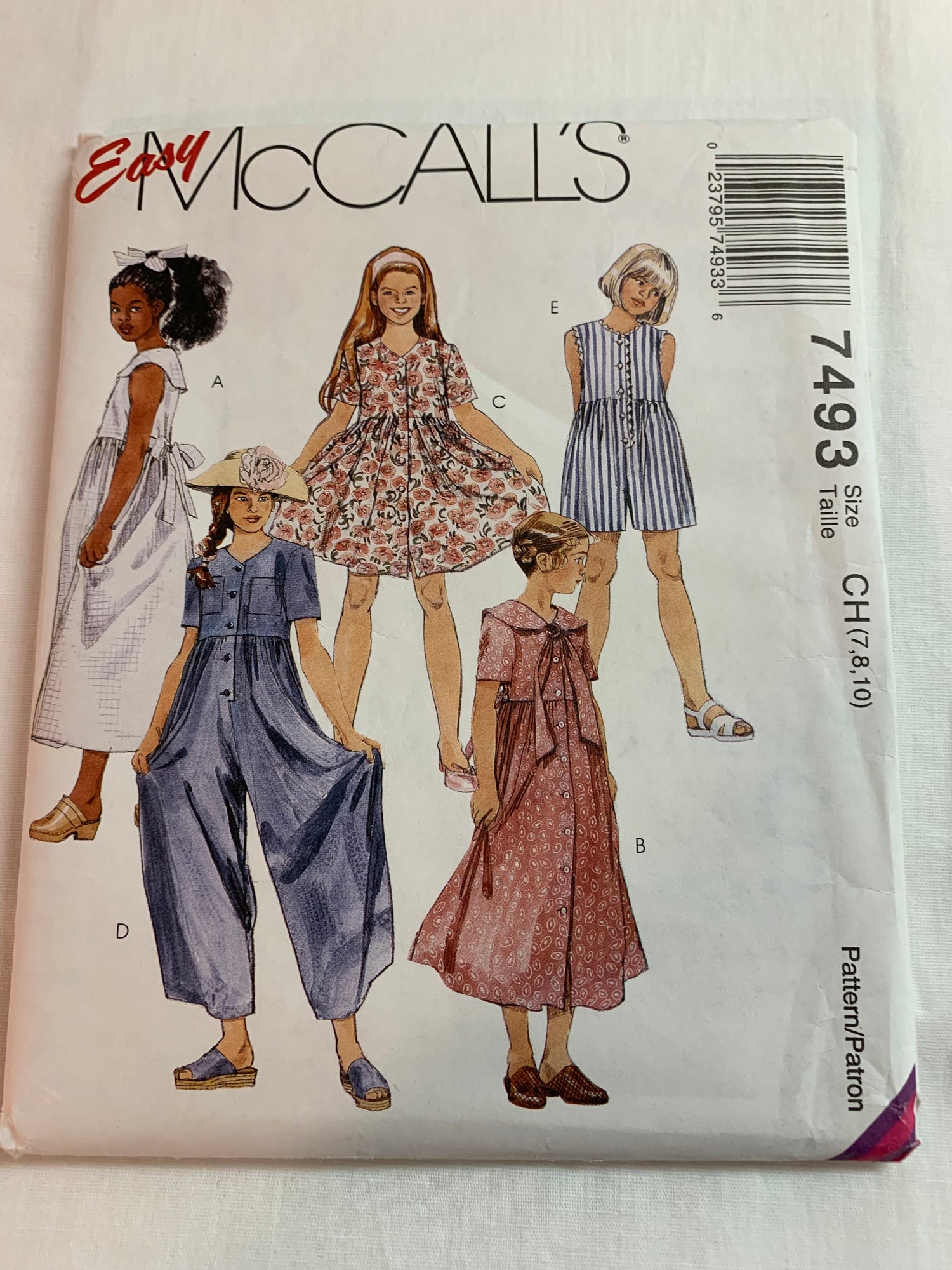 McCall's Sewing Pattern 7493 Girls, Children's Dress, Jumpsuit, Loose Fitting, Short Sleeves, Sleeveless, Two Lengths, Size 7-10, Uncut, Vintage 1995