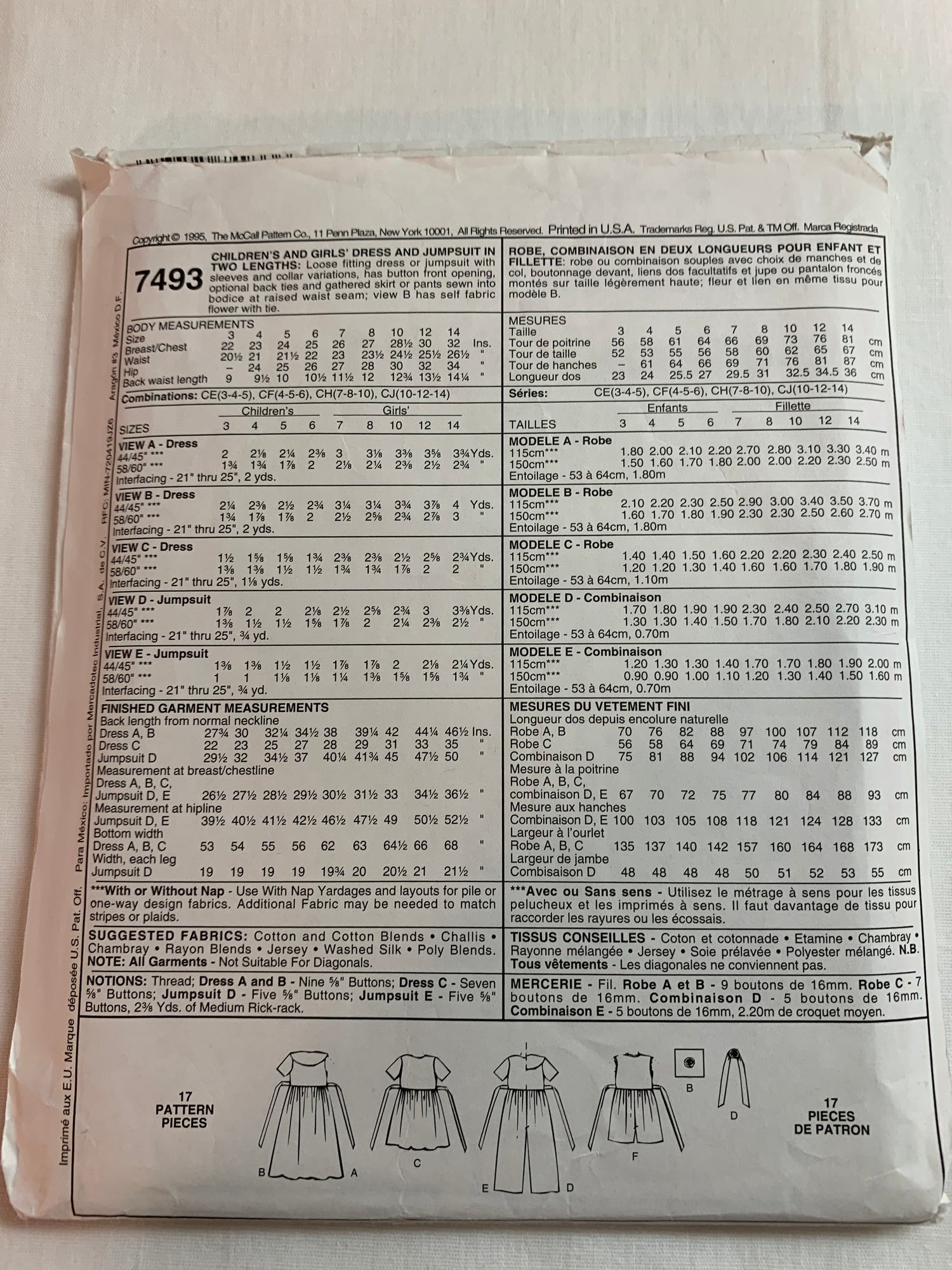 McCall's Sewing Pattern 7493 Girls, Children's Dress, Jumpsuit, Loose Fitting, Short Sleeves, Sleeveless, Two Lengths, Size 7-10, Uncut, Vintage 1995