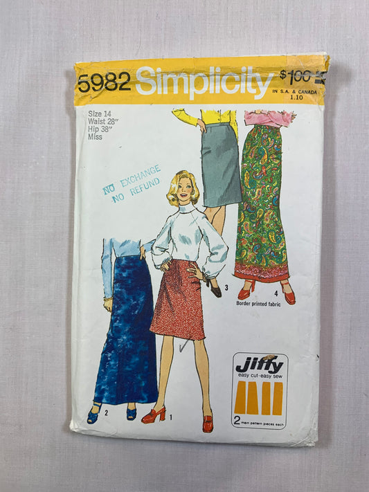 Simplicity 5232 Misses' Skirts, Size 14, Cut, Vintage 1973