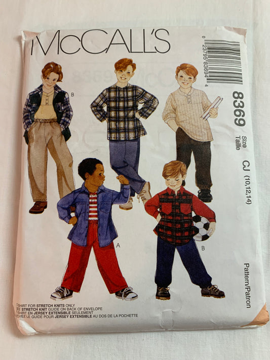 McCall's Sewing Pattern 8369 Boys T-Shirts, Pants, Elastic Waist, Pull-On, Long Sleeves, Button Front. Size 10-14, Uncut, Vintage 1996
