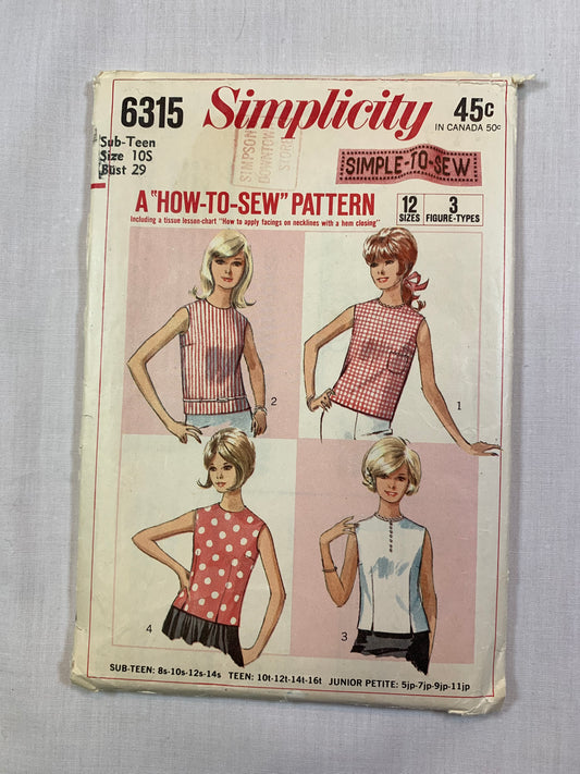 Simplicity 6315 Misses' Top, Shirt, Size 10, Cut, Vintage 1960