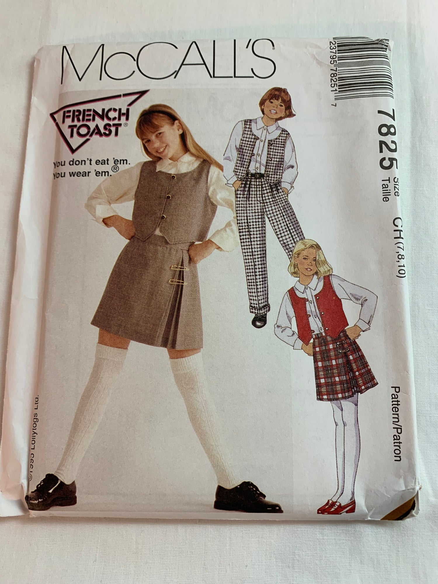 McCall's Sewing Pattern 7825 Girls' Skirt, Blouse, Lined Vest, Pants, Skirt, Pockets, Pleats, Elastic Waist, Button Front,, Size 7-10, Uncut, Vintage 1996