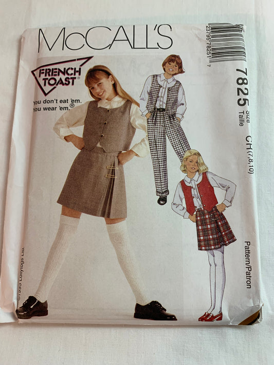 McCall's Sewing Pattern 7825 Girls' Skirt, Blouse, Lined Vest, Pants, Skirt, Pockets, Pleats, Elastic Waist, Button Front,, Size 7-10, Uncut, Vintage 1996
