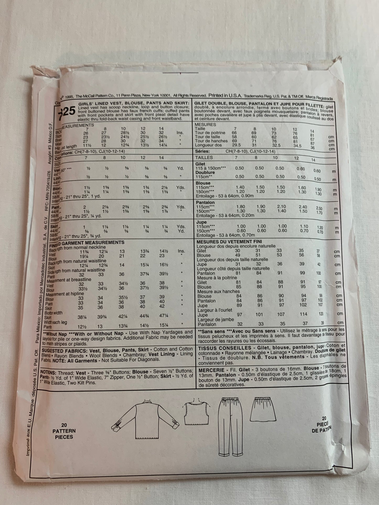 McCall's Sewing Pattern 7825 Girls' Skirt, Blouse, Lined Vest, Pants, Skirt, Pockets, Pleats, Elastic Waist, Button Front,, Size 7-10, Uncut, Vintage 1996