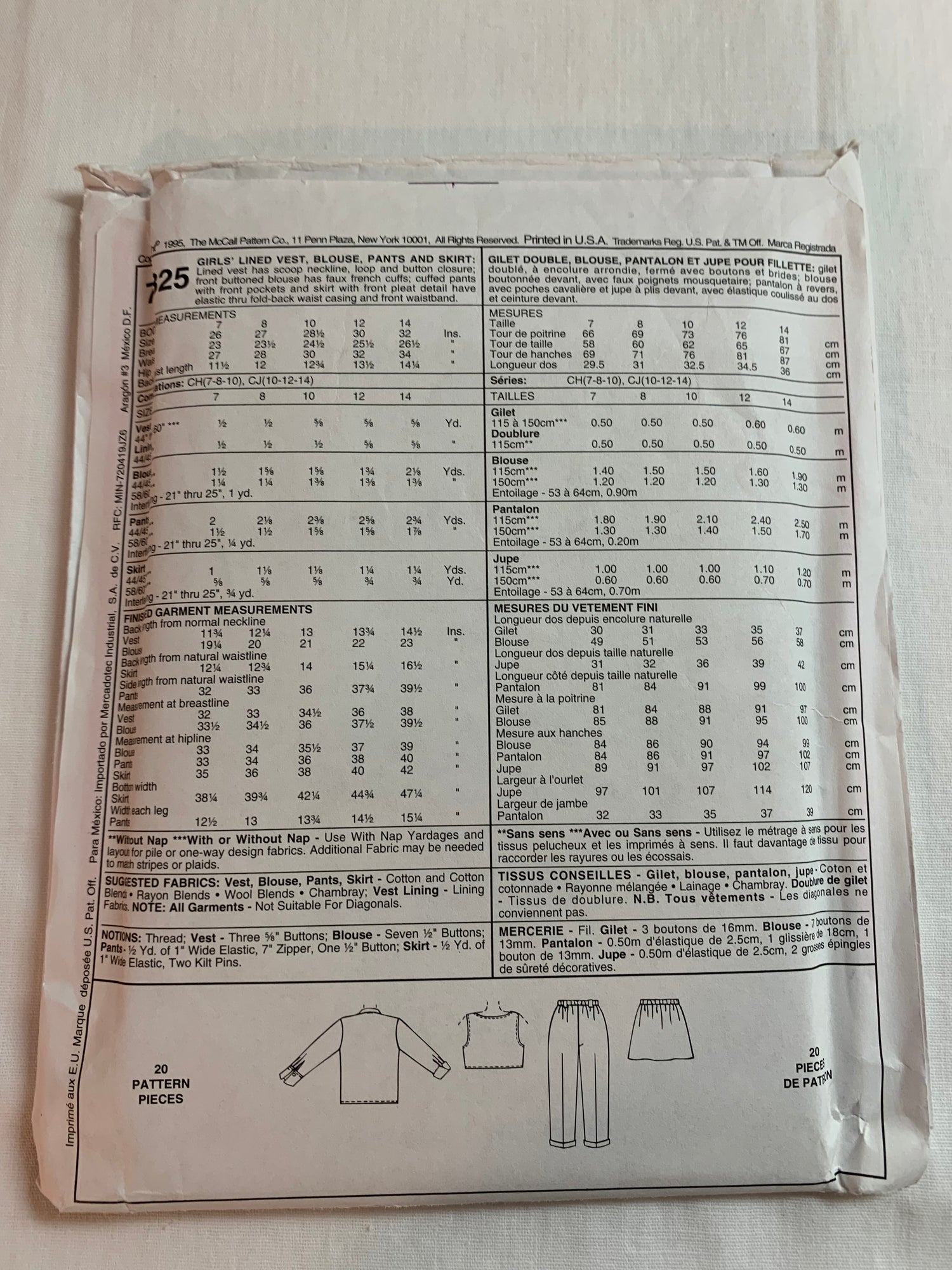 McCall's Sewing Pattern 7825 Girls' Skirt, Blouse, Lined Vest, Pants, Skirt, Pockets, Pleats, Elastic Waist, Button Front,, Size 7-10, Uncut, Vintage 1996