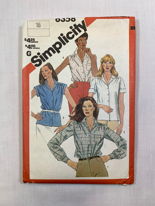 Simplicity 6358 Misses' Top, Shirt, Size 16, Cut, Vintage 1983