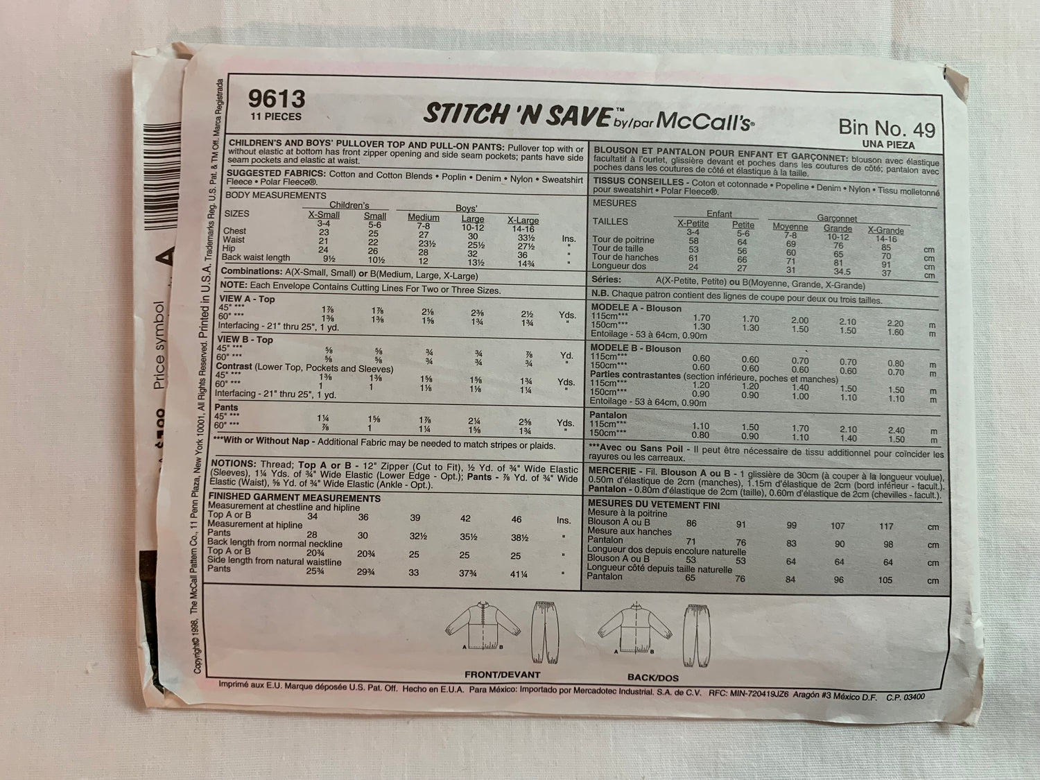 McCall's Sewing Pattern Stitch 'N Save 9613 Boys' Pullover Top, Pull-ON Pants, Elastic Bottoms, Front Zipper, Pockets, Elastic Waist, Size 7-16, Uncut, Vintage 1998
