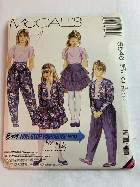 McCall's Sewing Pattern 5546 Girls' Lined Jacket, Top, Pants, Skirt, Pants, Knits Only, Bolero, Shoulder Pads, Elastic Waist, Size 10-14, Cut, Vintage 1991