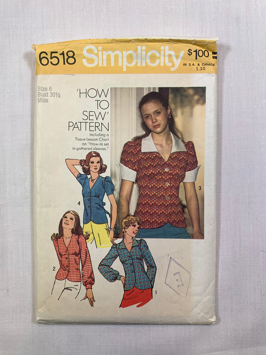 Simplicity 6518 Misses' Blouse, Size 6, Cut, Vintage 1974