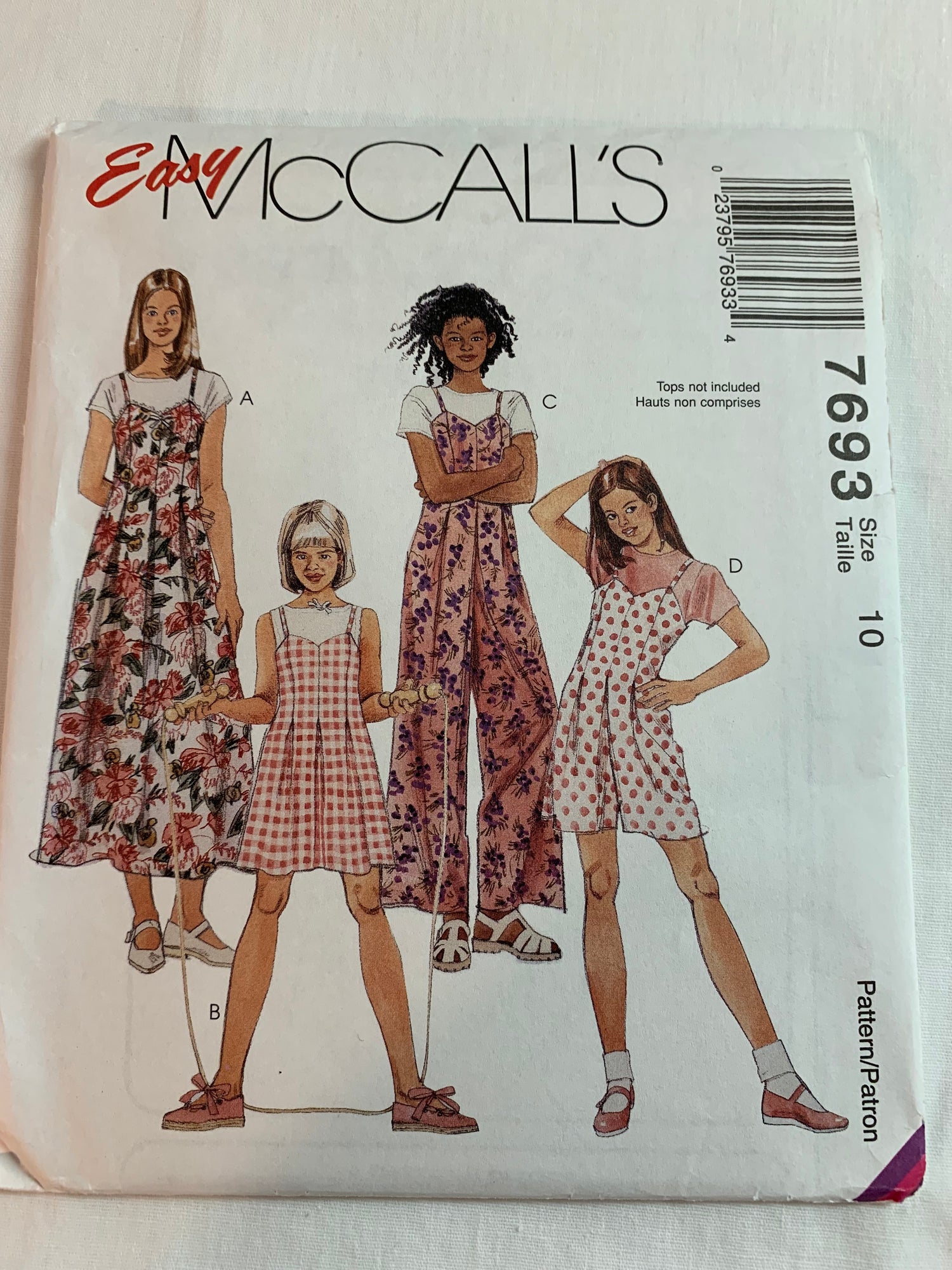 McCall's Sewing Pattern 7693 Girls' Jumper, Two Lengths, Dress, Zipper Back, Shoulder Straps, Darts, 4 Variations, Size 10, Uncut, Vintage 1995