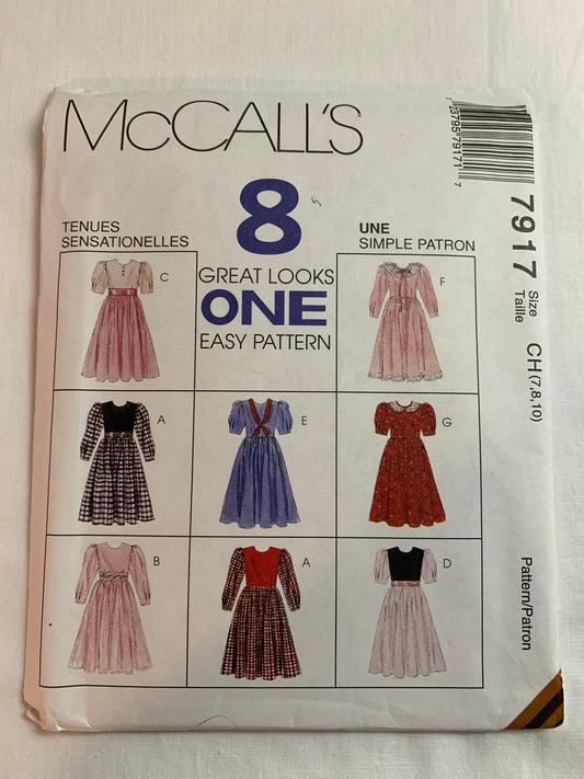 McCall's Sewing Patterns 7917 Girl's Plus Dress, Zipper Back, Flared, Long/Short Sleeves, 8 Variations, Gathered Skirt, Size 7-10, Uncut, Vintage 1995