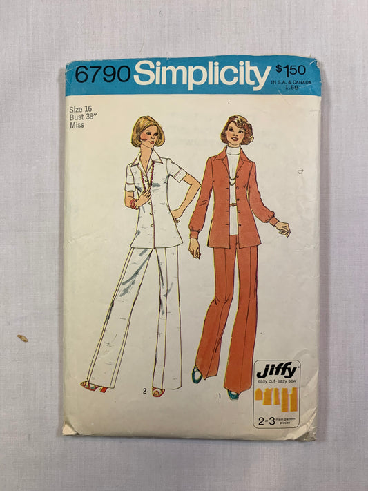 Simplicity 6790 Jiffy Misses' Shirt, Pants, Size 16, Cut, Vintage 1974