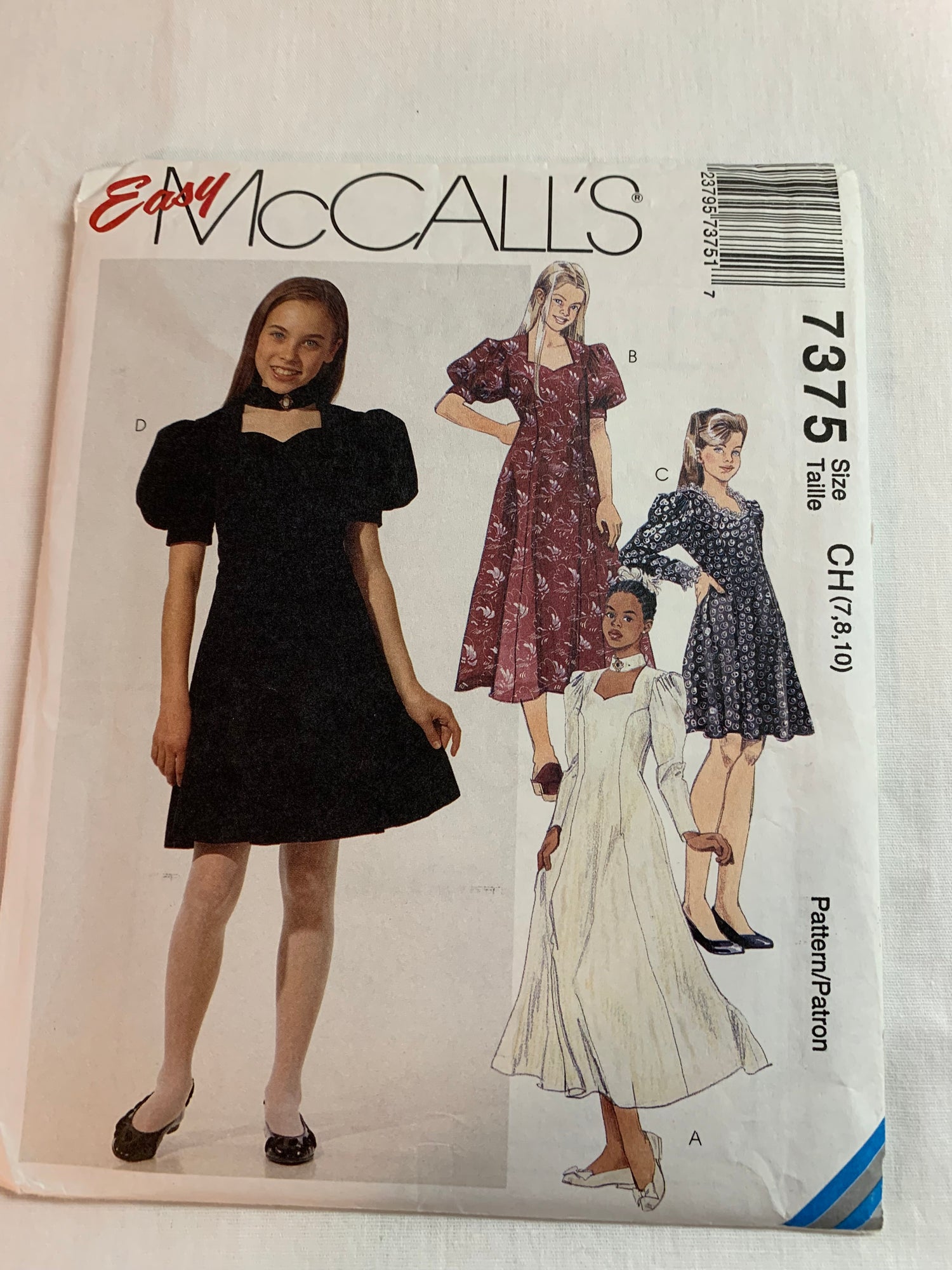 McCall's Sewing Pattern 7375 Girls' Dresses, Zipper Back, Long/Short Sleeves, Two Lengths, Flared, Size 7-10, Uncut, Vintage 1994