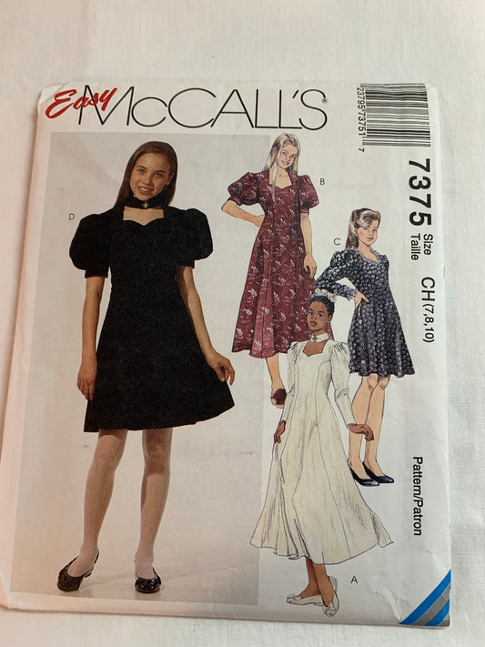 McCall's Sewing Pattern 7375 Girls' Dresses, Zipper Back, Long/Short Sleeves, Two Lengths, Flared, Size 7-10, Uncut, Vintage 1994
