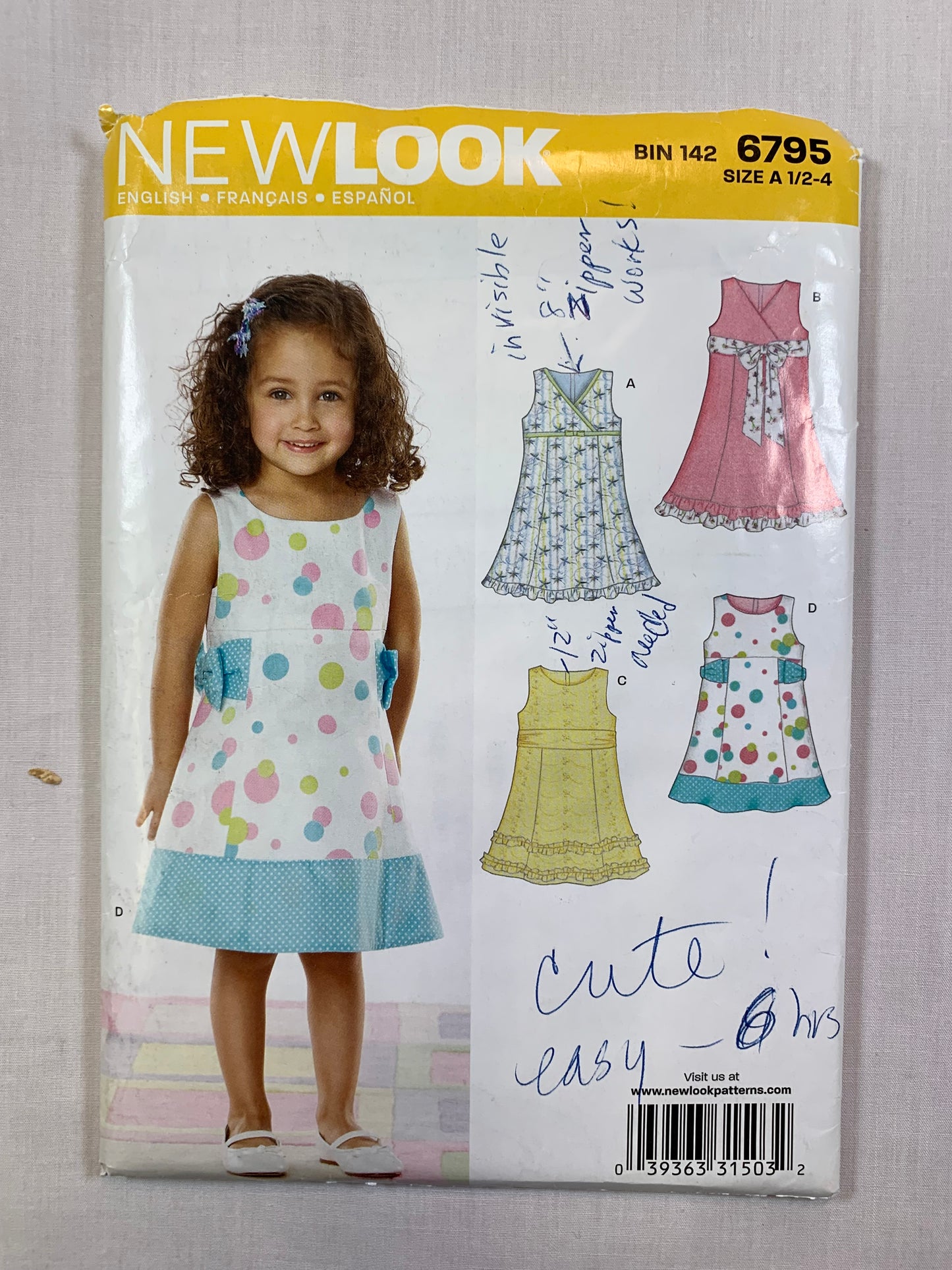 Simplicity New Look 6795 Toddlers' Girls' Dress, Size 1/2-4, Cut, 2006