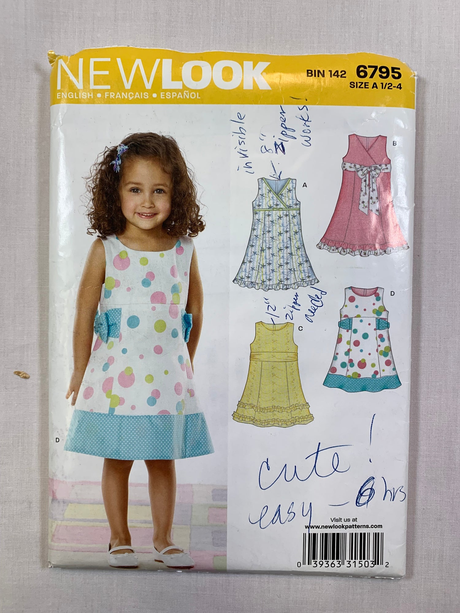 Simplicity New Look 6795 Toddlers' Girls' Dress, Size 1/2-4, Uncut, 2006