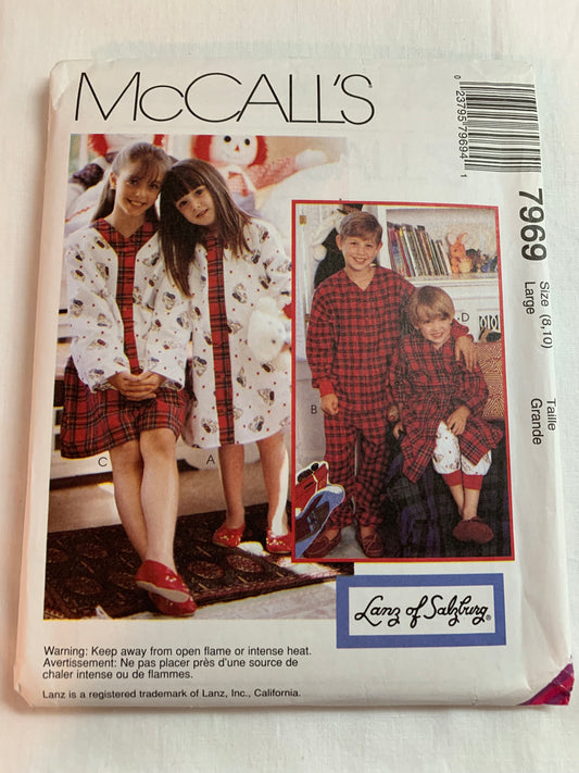 McCalls Sewing Pattern 7969 Girls'/Boys' Nightshirt, Pull-On Pants/Shorts, Top, Robe, Housecoat, Button Front, Pajamas, Size 8-10, Uncut, Vintage 1995