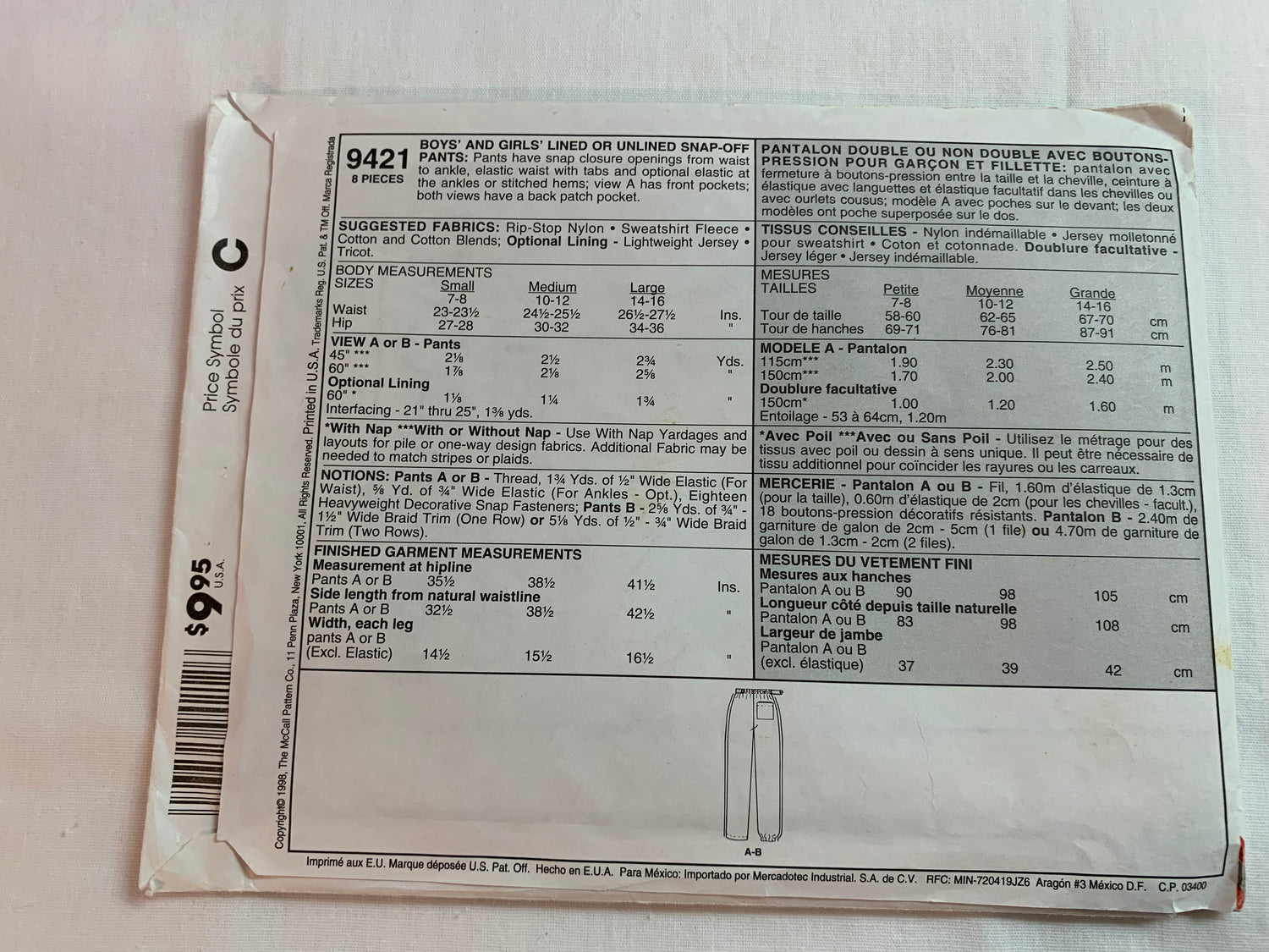 McCall's Sewing Pattern 9121 Boys'/Girls' Pants, Pull-On, Elastic Waist, Pockets, Snap Off, Lined, Unlined, Size 10-12 Uncut, Vintage 1998