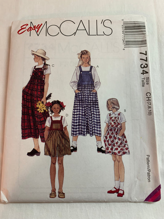 McCall's Sewing Pattern 7734 Girls' Jumpsuit, Romper, Loose Fitting, Sleeveless, Two Lenghts, Bib, Shoulder Straps, Size 7-10, Uncut, Vintage 1995
