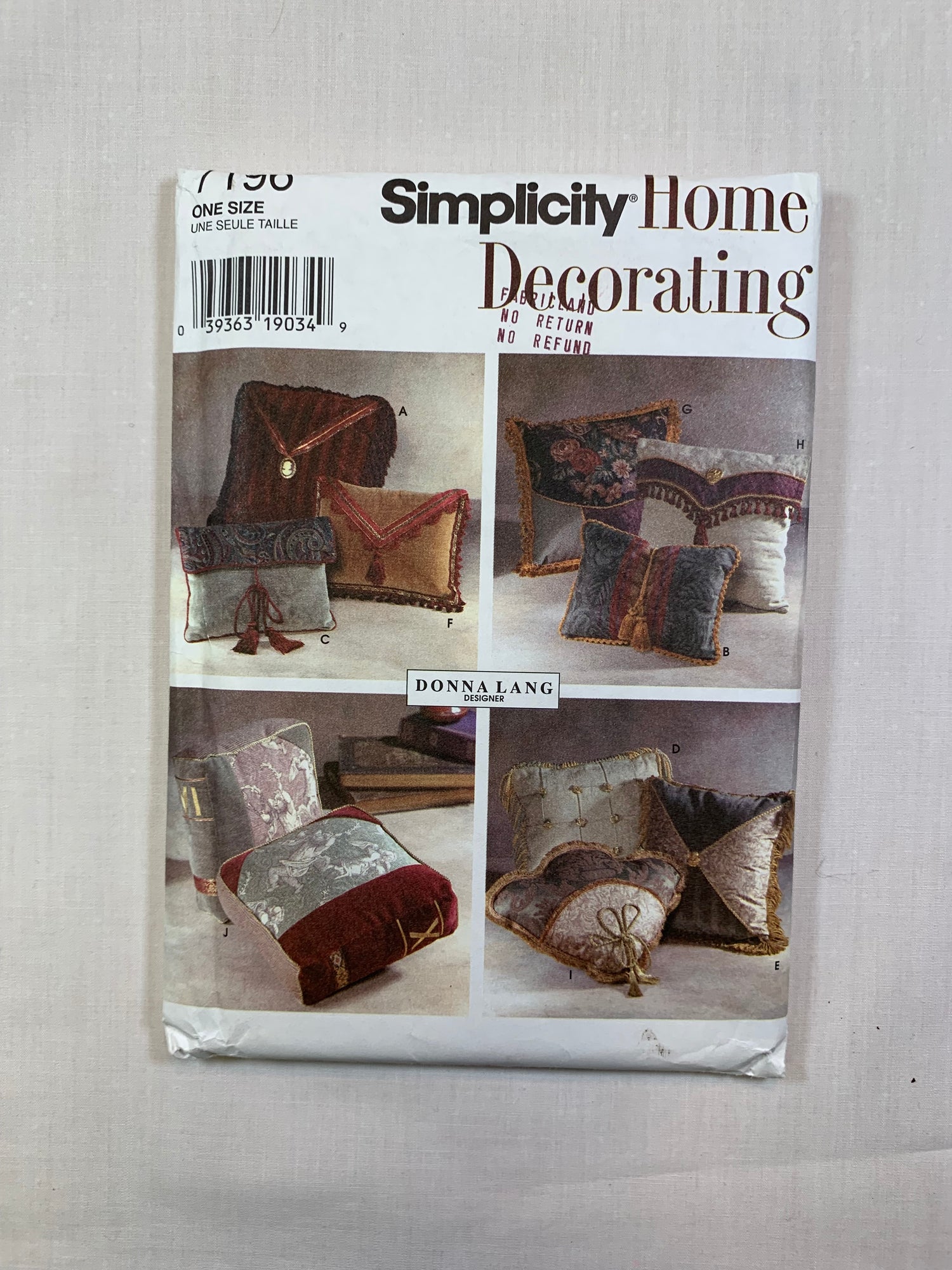 Simplicity Sewing Pattern 7196 Home Decor Pillow Essentials, Donna Lang, Square, Oblong, Pocket, Fan, Book, Envelope, Uncut, Vintage 1996