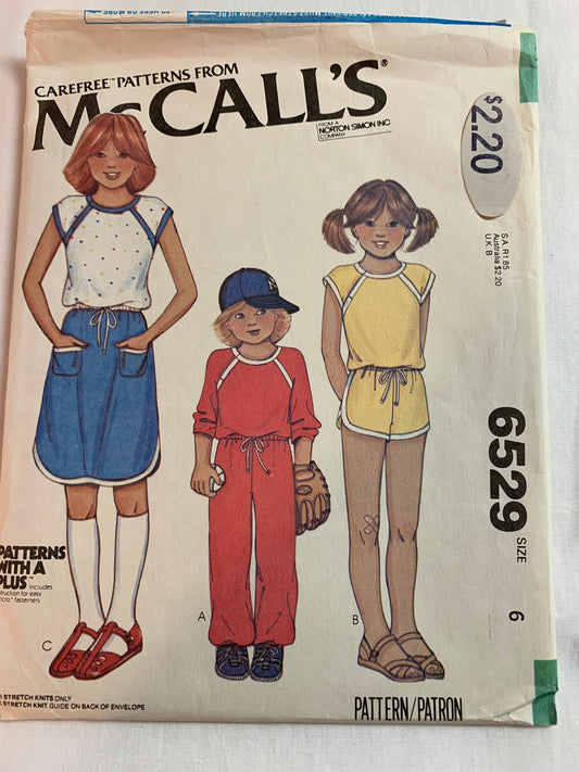 McCall's Sewing Pattern 6529 Girls' Pullover T-Shirt, Pants, Skirt, Shorts, Long/Short Sleeves, Size 6, Cut, Vintage 1979