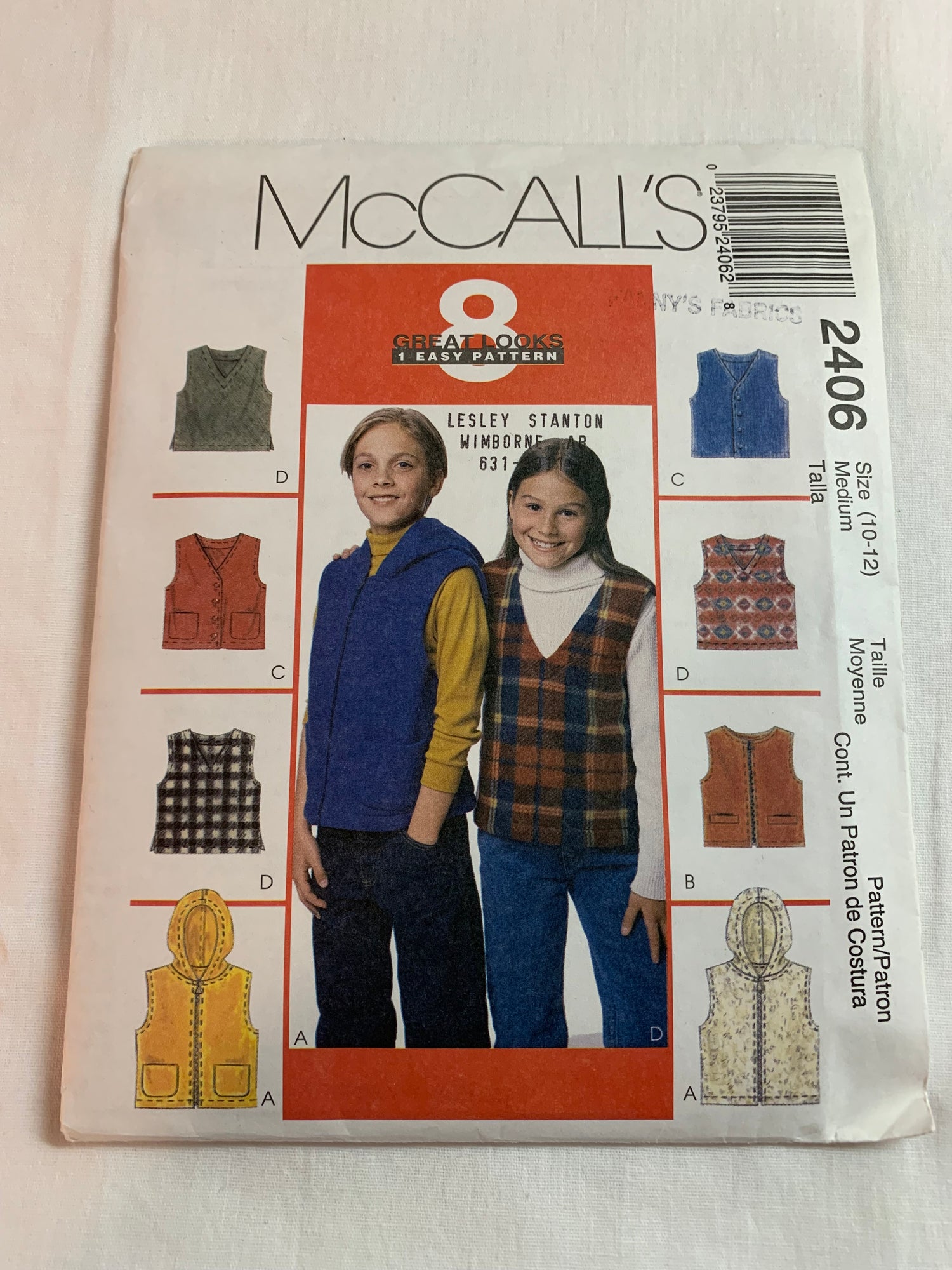 McCall's Sewing Pattern 2406 Girls'/Boys' Vest, Hood, Zipper Front, Pockets, Pullover, Slits, Size 10-12, Uncut, Vintage 1999