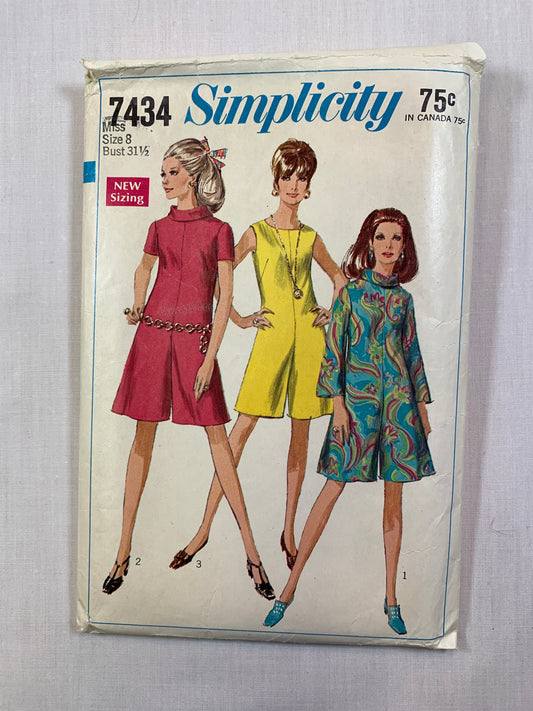 Simplicity 7434 Misses' Pantdress, Size 8, Cut, Vintage 1967