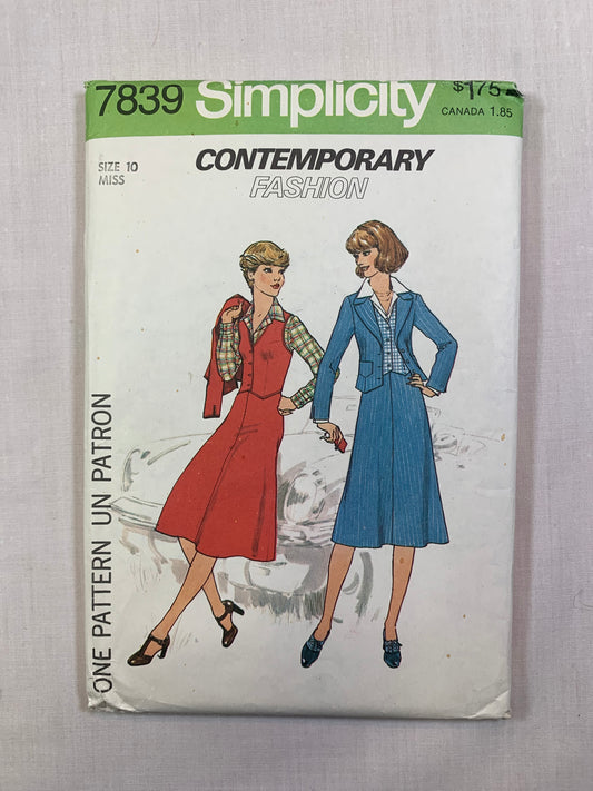 Simplicity 7839 Misses' Shirt, Vest, Skirt, Unlined Jacket, Size 10, Cut, Vintage 1976