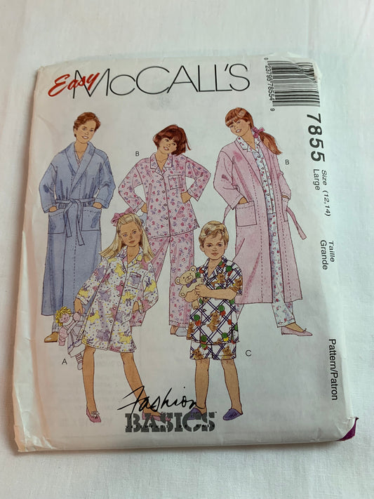 McCalls Sewing Pattern 7855 Girls'/Boys' Nightshirt, Pull-On Pants/Shorts, Top, Robe, Housecoat, Button Front, Pajamas, Tie Belt, Size 12-14, Uncut, Vintage 1995