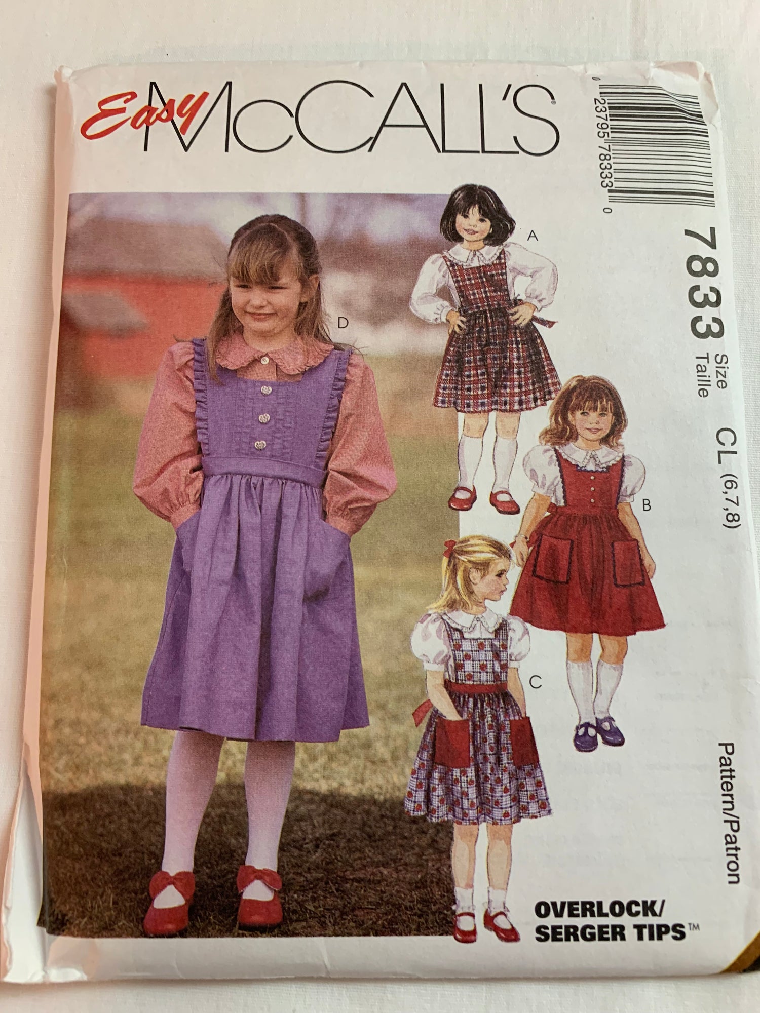 McCall's Sewing Patterns 7833 Girl's Jumper Dress, Blouse, Long/Short Sleeves, Flared Skirt, Back Button, Pockets, Size 6-8, Uncut, Vintage 1995