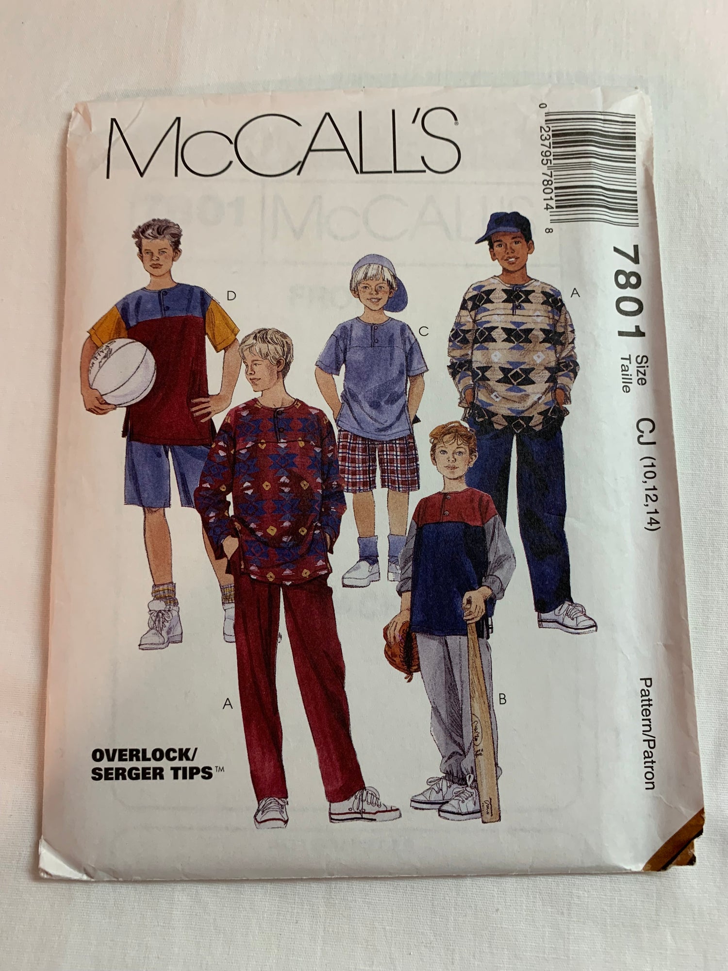 McCall's Sewing Pattern 7801 Boys' Top, Pull-On Pants, Shorts, Loose-Fitting, Long/Short Sleeves, Size 10-14, Uncut, Vintage 1995