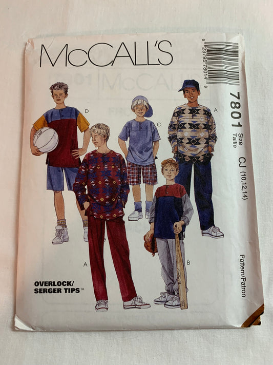 McCall's Sewing Pattern 7801 Boys' Top, Pull-On Pants, Shorts, Loose-Fitting, Long/Short Sleeves, Size 10-14, Uncut, Vintage 1995