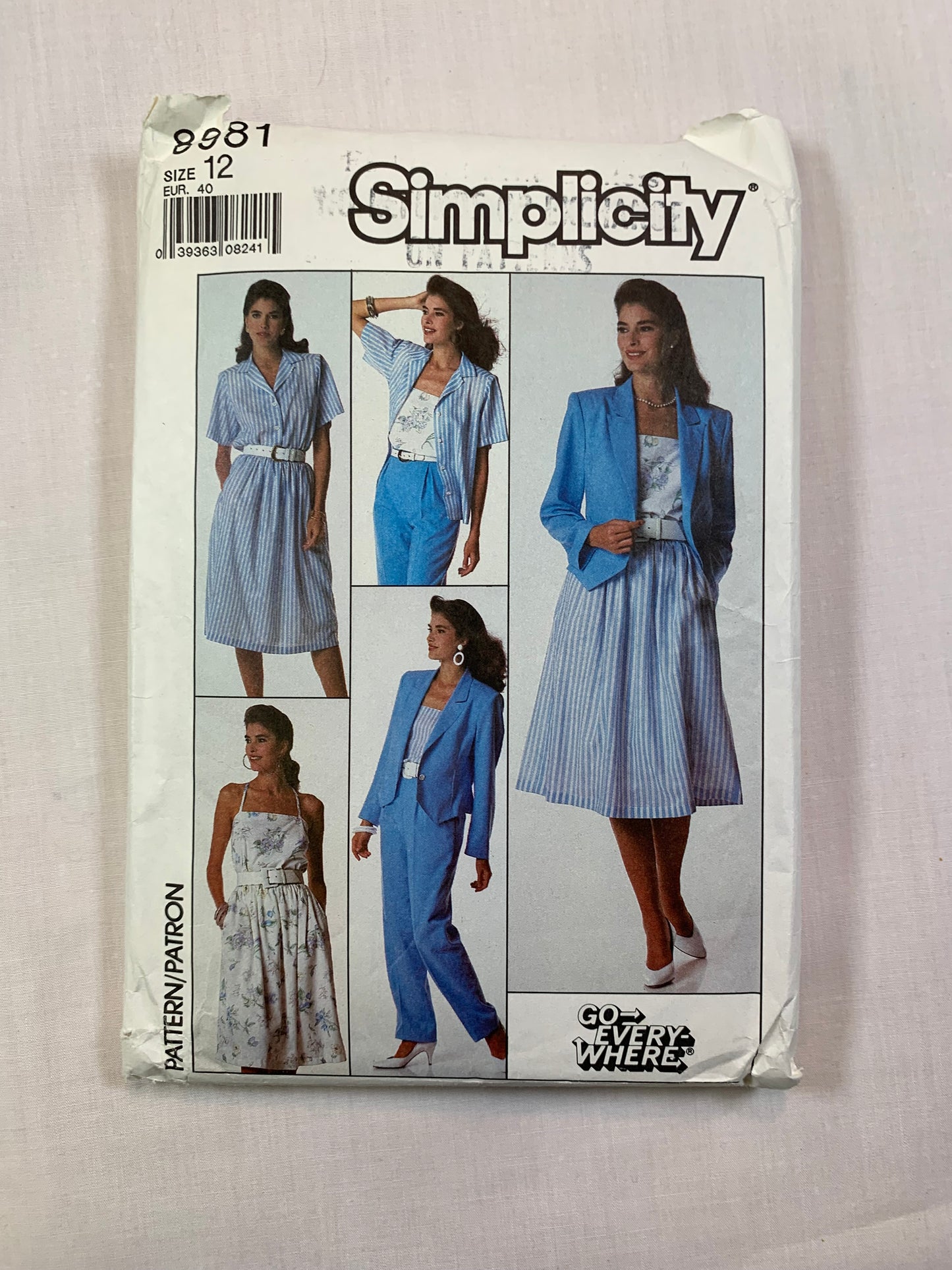 Simplicity Sewing Pattern 8981 Misses' Unlined Jacket, Skirt, Pants, Shirt, Camisole, Size 12, Cut, Vintage 1988