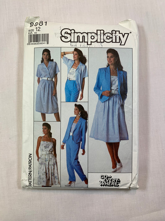 Simplicity Sewing Pattern 8981 Misses' Unlined Jacket, Skirt, Pants, Shirt, Camisole, Size 12, Cut, Vintage 1988