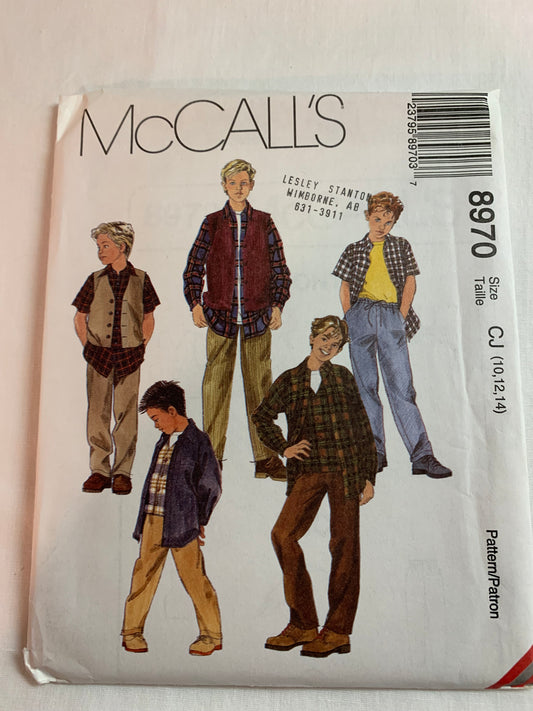 McCall's Sewing Pattern 8970 Boys' Lined Vest, Shirt, Pull-On Pants, Pockets, Long/Short Sleeves, Button Front, Elastic Waist, Size 10-14, Uncut, Vintage 1997