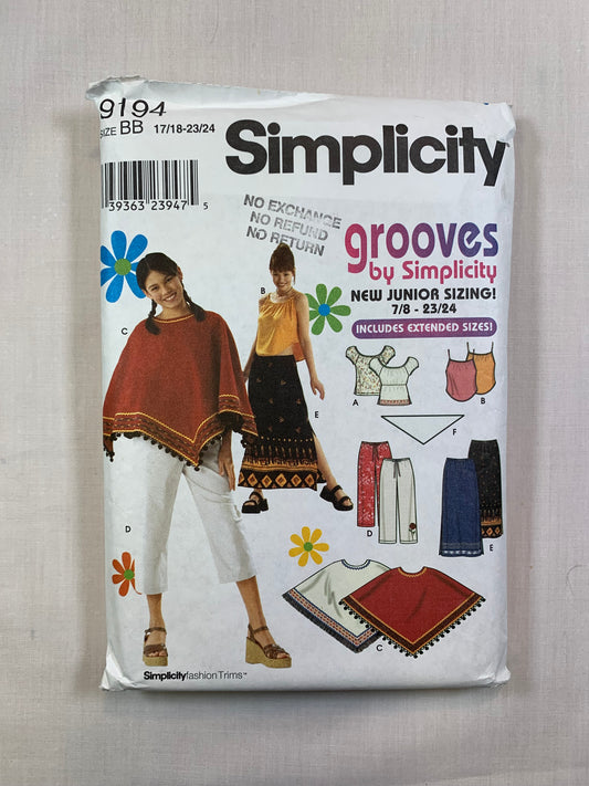 Simplicity 9194 Grooves Junior Misses' Top, Tank Top, Poncho, Pants, Skirt, Scarf, Size 7/8-23/23, Cut, 2000
