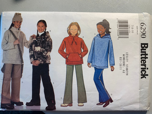 Butterick Sewing Pattern 6290 Girls' Top, Pants, Jeans, Loose-Fitting, Pullover, Long Sleeves, Collar, Pocket, Drawstring Hood, Size 7-10, Cut, Vintage 1999