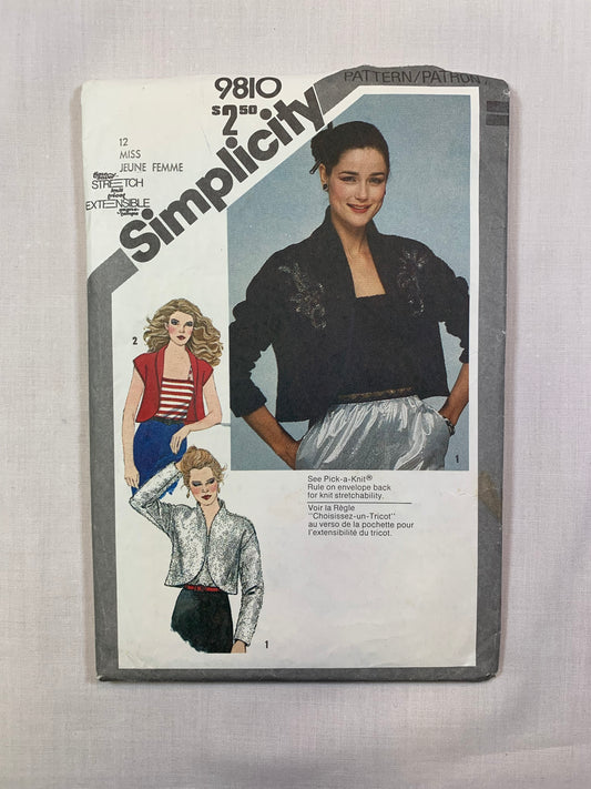 Simplicity Sewing Pattern 9810 Misses' Dress, Unlined Bolero Jacket, Camisole, Size 12, Cut, Vintage 1980