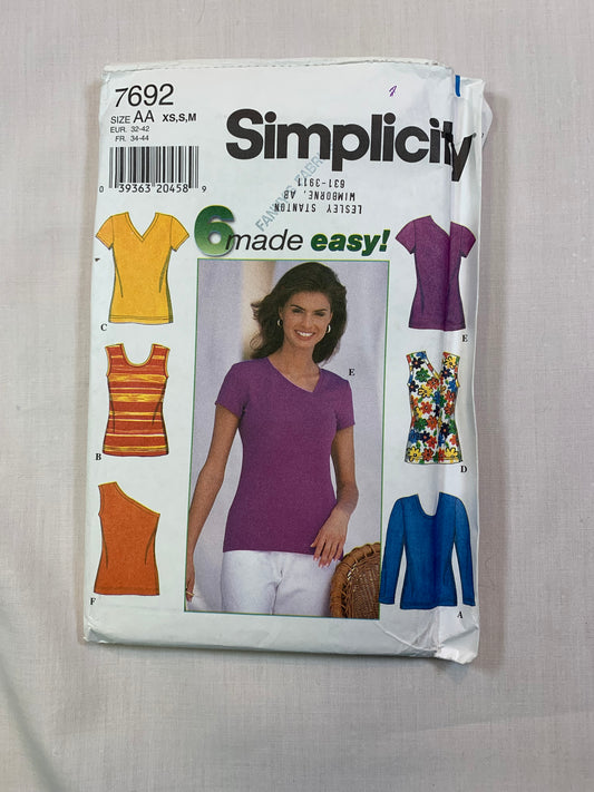 Simplicity 7692 Misses' Knit Tops, Size 6-16, Uncut, Vintage 1997
