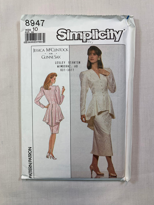 Simplicity Gunne Sax Jessica McClintock Sewing Pattern 8947 Misses' Jacket, Skirt, Size 10, Uncut, Vintage 1988