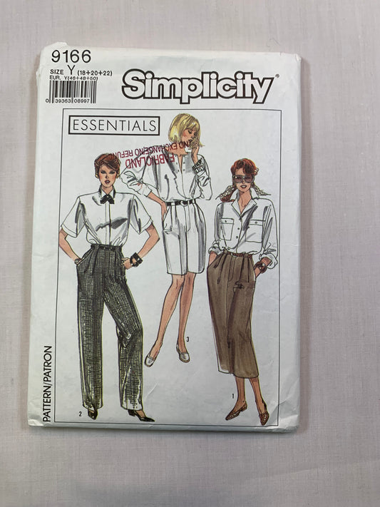 Simplicity 9166 Misses' Skirts, Pants, Shorts, Size 18-22, Uncut, Vintage 1989