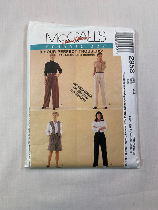 McCall's 2953 Misses' Pants, Shorts, Fitting Shell, Size 22, Cut, 2000