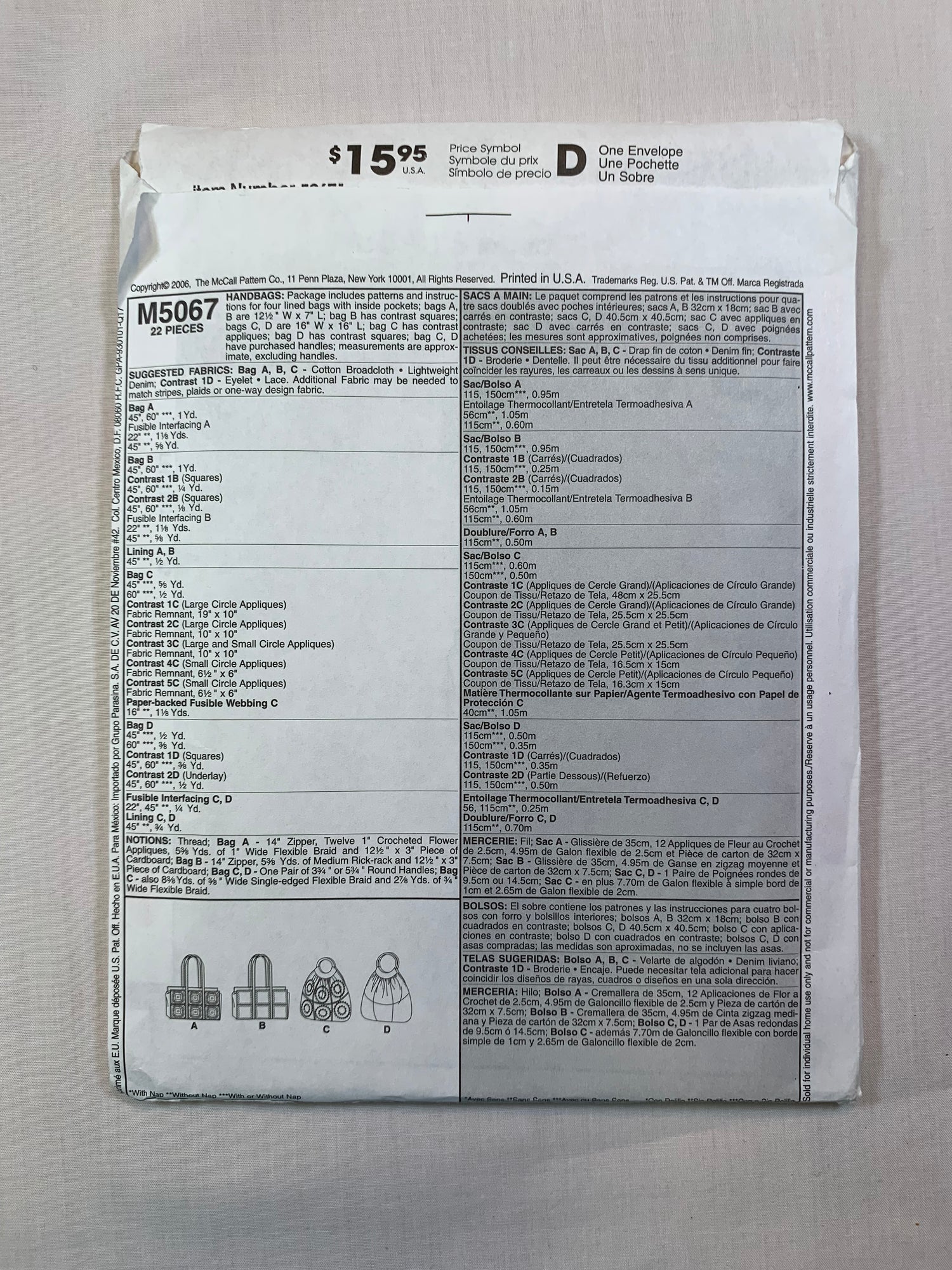 McCall's M5067 Handbags, Uncut, 2006