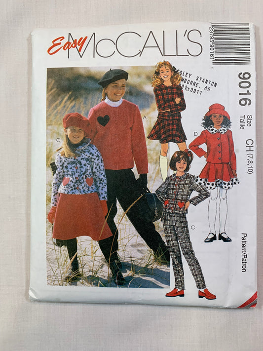 McCall's 9016 Girls' Unlined Jacket, Pull-On Pants Skirt, Hat Size 7-10, Uncut, Vintage 1997