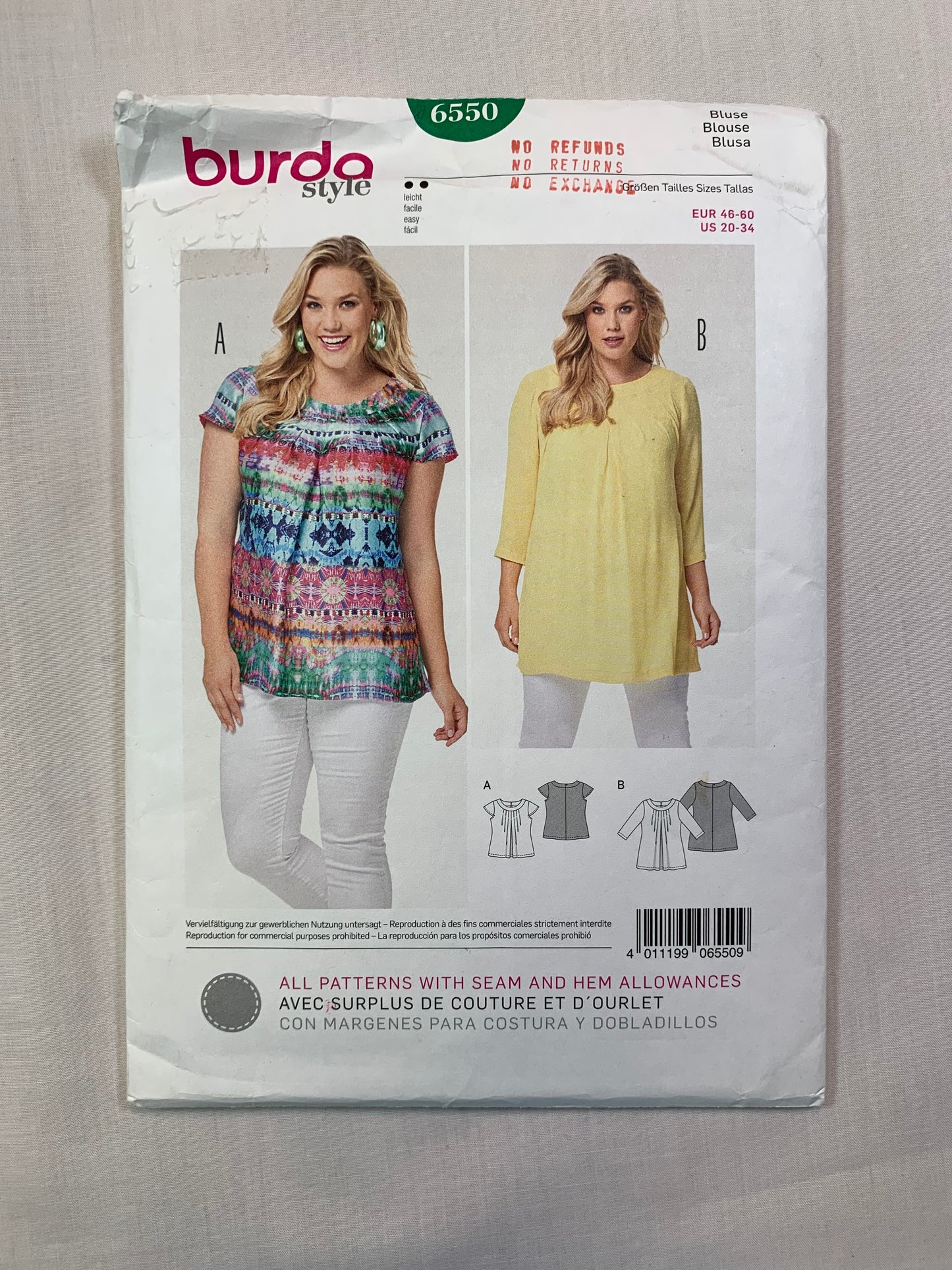 Burda Sewing Pattern 6550 Misses' Blouse, Long/Short Sleeves, Two Lengths, 2 Variations, Pullover, Size 20-34, Cut, 2000