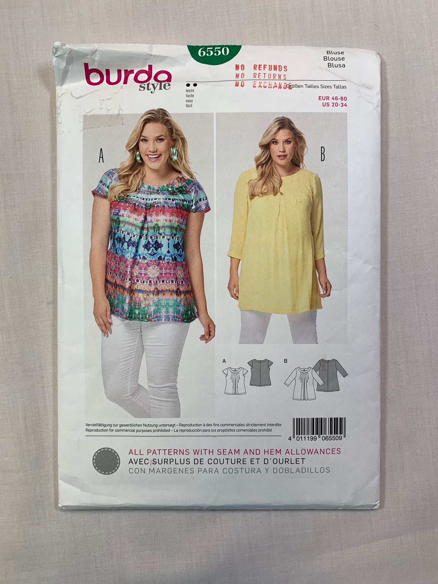 Burda Sewing Pattern 6550 Misses' Blouse, Long/Short Sleeves, Two Lengths, 2 Variations, Pullover, Size 20-34, Cut, 2000