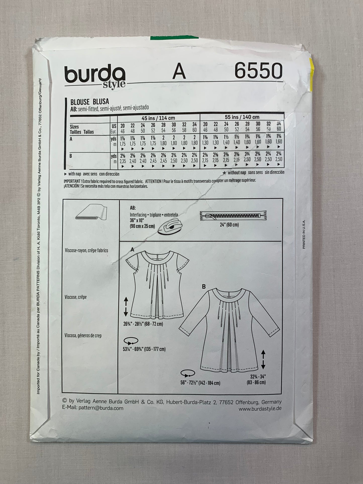 Burda Sewing Pattern 6550 Misses' Blouse, Long/Short Sleeves, Two Lengths, 2 Variations, Pullover, Size 20-34, Cut, 2000