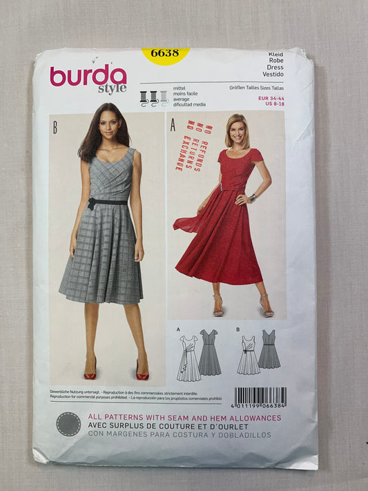 Burda Sewing Pattern 6638 Misses' Dress, 2 Variations, Sleeveless, Fitted, Short Sleeves, Zipper Back Size 8-18. Cut, 2017